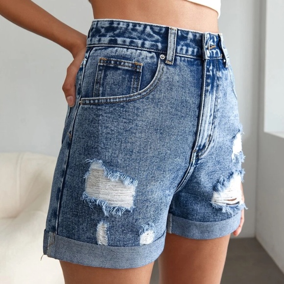 Distressed Denim Blue Cuff Jean Shorts - Picture 5 of 5